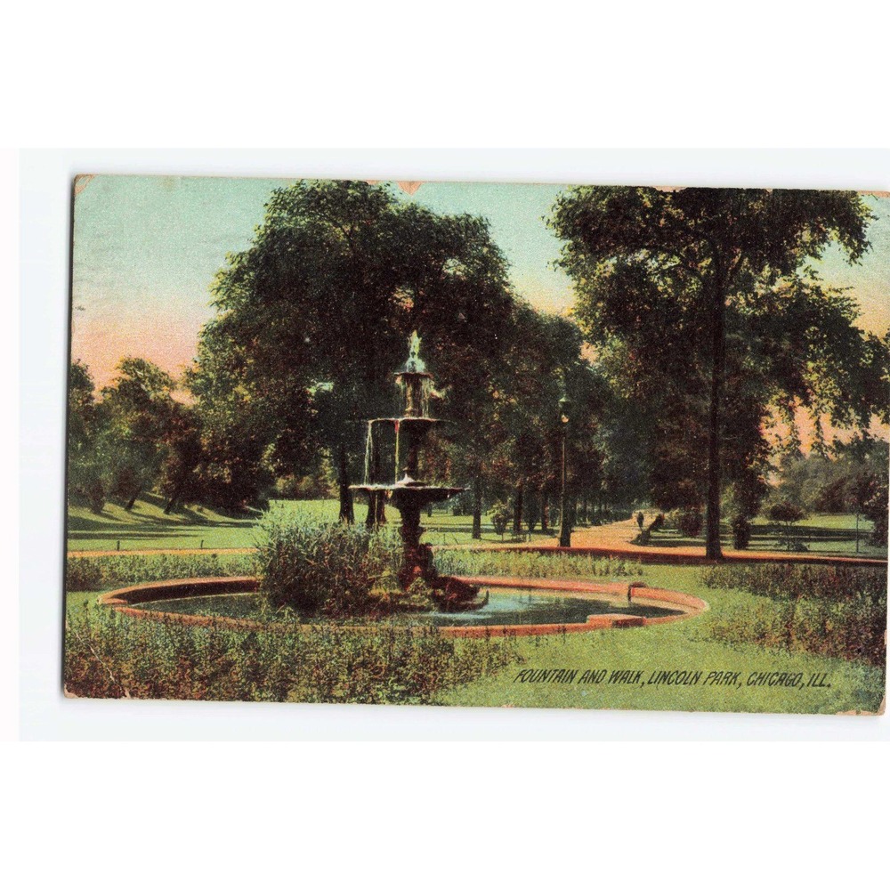 Vintage 1907 Fountain and Walk Lincoln Park Chicago Illinois Postcard G
